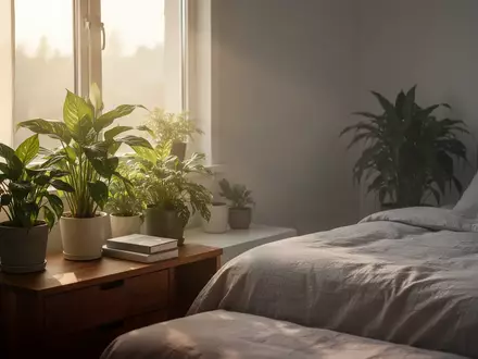 Ein helles, minimalistisches Schlafzimmer mit Zimmerpflanzen bei sanftem Morgenlicht. - Foto: über boerse-global.de