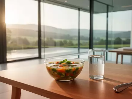 Eine Schale mit frischer Gemüsesuppe auf einem Holztisch in einem modernen Wellness-Resort vor einer hellen Fensterfront. - Foto: über boerse-global.de