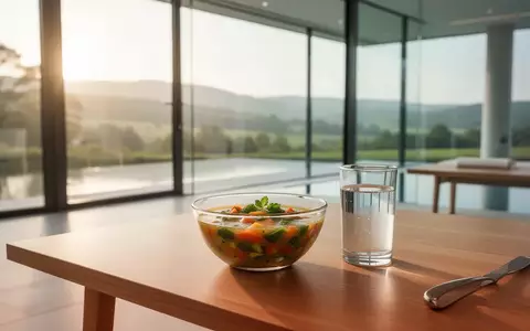 Eine Schale mit frischer Gemüsesuppe auf einem Holztisch in einem modernen Wellness-Resort vor einer hellen Fensterfront. - Foto: über boerse-global.de