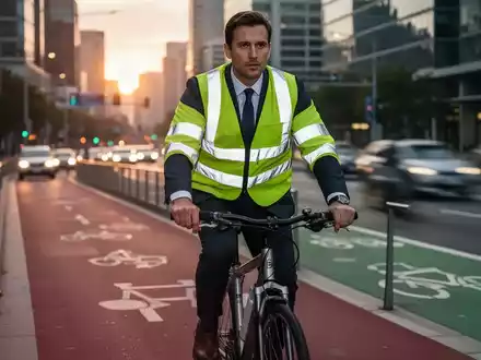 Pendler mit hochsichtbarer Sicherheitskleidung auf einem Fahrrad auf dem Weg zur Arbeit im morgendlichen Stadtverkehr. - Foto: über boerse-global.de