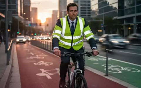 Pendler mit hochsichtbarer Sicherheitskleidung auf einem Fahrrad auf dem Weg zur Arbeit im morgendlichen Stadtverkehr. - Foto: über boerse-global.de