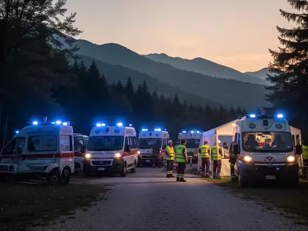 Rettungskräfte und Einsatzfahrzeuge bei einem nächtlichen medizinischen Einsatz in einer italienischen Bergregion. - Foto: über boerse-global.de
