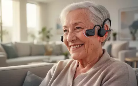 Ein lächelnder Senior trägt moderne Knochenschall-Kopfhörer in einem hellen Wohnzimmer. - Foto: über boerse-global.de