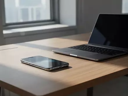 Ein modernes Büro mit einem Smartphone und einem Laptop auf einem Schreibtisch bei natürlichem Tageslicht. - Foto: über boerse-global.de