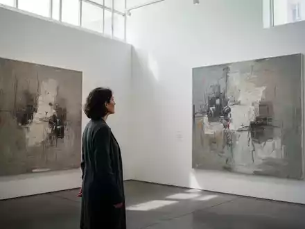 Eine Person betrachtet in einer hellen, minimalistischen Kunstgalerie ein abstraktes Gemälde an einer weißen Wand. - Foto: über boerse-global.de