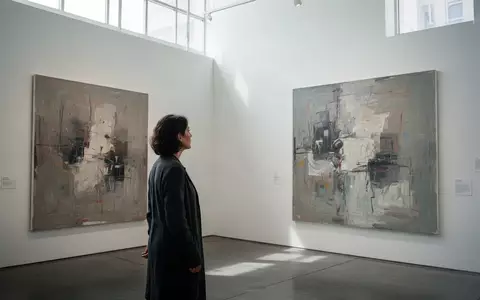 Eine Person betrachtet in einer hellen, minimalistischen Kunstgalerie ein abstraktes Gemälde an einer weißen Wand. - Foto: über boerse-global.de