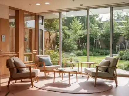 Heller, modern gestalteter Gemeinschaftsraum einer Pflegeeinrichtung mit Blick in einen angelegten Therapiegarten. - Foto: über boerse-global.de