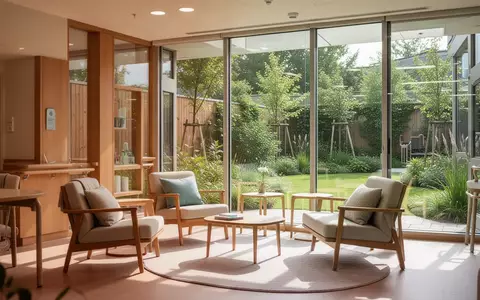 Heller, modern gestalteter Gemeinschaftsraum einer Pflegeeinrichtung mit Blick in einen angelegten Therapiegarten. - Foto: über boerse-global.de