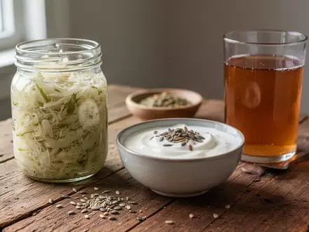 Verschiedene fermentierte Lebensmittel wie Sauerkraut, Joghurt und Kombucha auf einem Holztisch. - Foto: über boerse-global.de