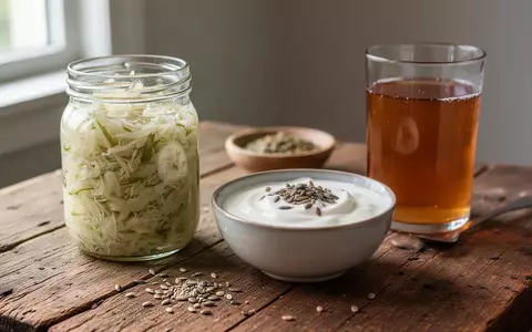 Verschiedene fermentierte Lebensmittel wie Sauerkraut, Joghurt und Kombucha auf einem Holztisch. - Foto: über boerse-global.de