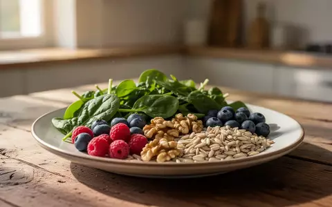 Nahaufnahme einer gesunden, nährstoffreichen Mahlzeit mit frischem Gemüse, Beeren und Nüssen auf einem Holztisch. - Foto: über boerse-global.de