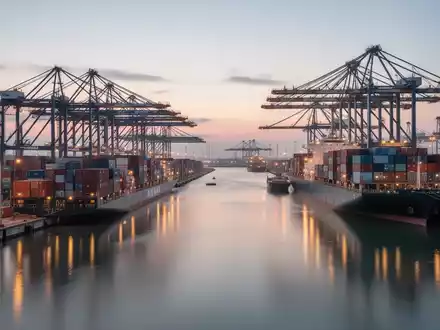 Ein moderner europäischer Logistikhafen bei Dämmerung mit Containern und Industrieanlagen in einer klaren, professionellen Aufnahme. - Foto: über boerse-global.de