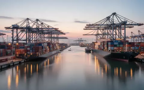 Ein moderner europäischer Logistikhafen bei Dämmerung mit Containern und Industrieanlagen in einer klaren, professionellen Aufnahme. - Foto: über boerse-global.de