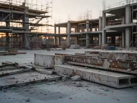 Eine verlassene Baustelle mit Gerüsten und unfertigen Gebäudestrukturen im Dämmerlicht. - Foto: über boerse-global.de