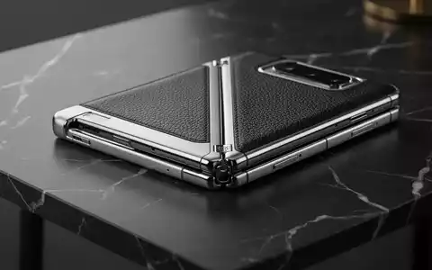 Ein luxuriöses, teilweise zusammengeklapptes Smartphone aus Platin und Leder auf einem dunklen Marmortisch. - Foto: über boerse-global.de