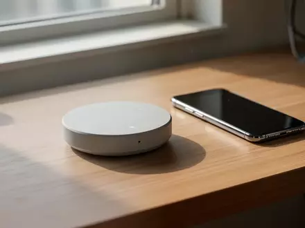 Ein minimalistischer physischer App-Blocker-Puck liegt neben einem Smartphone auf einem Schreibtisch. - Foto: über boerse-global.de
