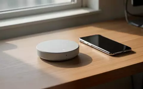 Ein minimalistischer physischer App-Blocker-Puck liegt neben einem Smartphone auf einem Schreibtisch. - Foto: über boerse-global.de