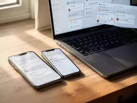 Ein iPhone und ein MacBook auf einem Schreibtisch in einer modernen, aufgeräumten Arbeitsumgebung bei natürlichem Licht. - Foto: über boerse-global.de