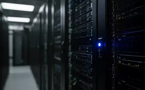 Dunkler Serverraum mit beleuchteten Server-Racks und Fokus auf einer blauen Statusleuchte. - Foto: über boerse-global.de