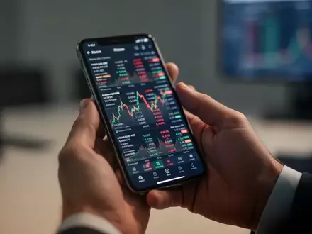 Nahaufnahme einer Hand, die ein Smartphone mit einer Finanz-App in einer Büroumgebung hält. - Foto: über boerse-global.de