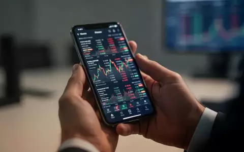 Nahaufnahme einer Hand, die ein Smartphone mit einer Finanz-App in einer Büroumgebung hält. - Foto: über boerse-global.de