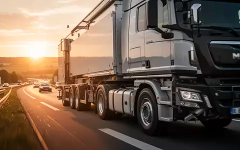 Ein schwerer Lastkraftwagen fährt bei Sonnenuntergang auf einer Autobahn. - Foto: über boerse-global.de