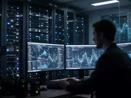 Ein dunkler Serverraum mit leuchtenden Kontrollleuchten und die Silhouette eines Analysten bei der Arbeit an Monitoren. - Foto: über boerse-global.de