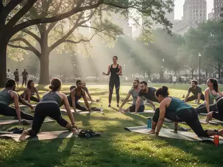 Eine Gruppe von Menschen praktiziert Pilates auf Yogamatten in einem sonnigen Stadtpark unter Anleitung einer Trainerin. - Foto: über boerse-global.de