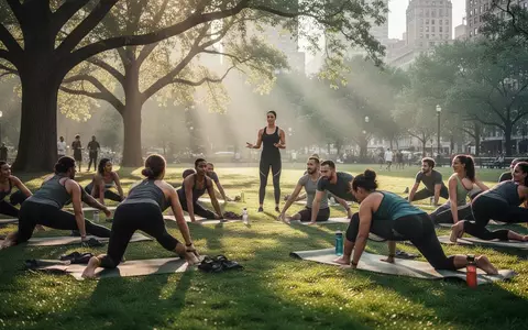 Eine Gruppe von Menschen praktiziert Pilates auf Yogamatten in einem sonnigen Stadtpark unter Anleitung einer Trainerin. - Foto: über boerse-global.de