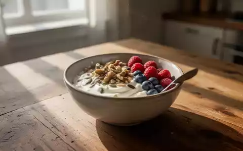 Eine gesunde, proteinreiche Frühstücksschale mit Joghurt, Nüssen und Beeren auf einem Holztisch bei natürlichem Tageslicht. - Foto: über boerse-global.de