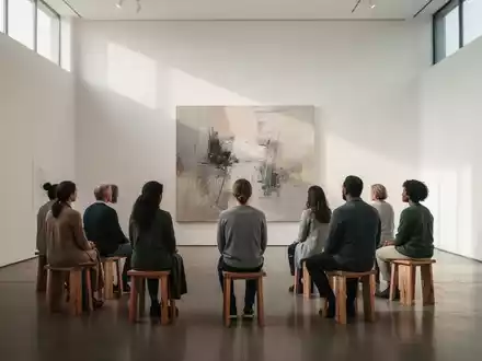 Eine kleine Gruppe Menschen sitzt in einem hellen, modernen Museum vor einem abstrakten Gemälde und praktiziert Meditation. - Foto: über boerse-global.de