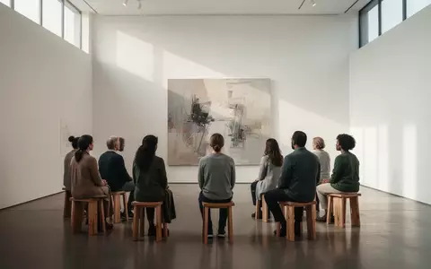 Eine kleine Gruppe Menschen sitzt in einem hellen, modernen Museum vor einem abstrakten Gemälde und praktiziert Meditation. - Foto: über boerse-global.de