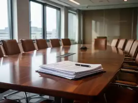 Ein leerer Konferenzraum mit einem großen Besprechungstisch und Dokumenten, der eine professionelle Arbeitsumgebung darstellt. - Foto: über boerse-global.de