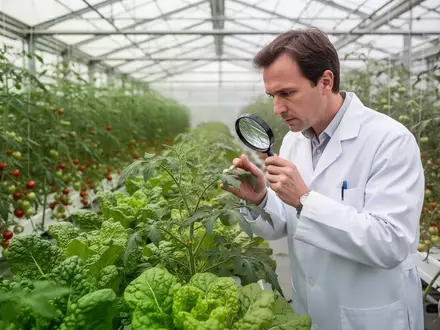 Eine Person im Laborkittel untersucht in einem modernen Gewächshaus junge Nutzpflanzen mit einer Lupe. - Foto: über boerse-global.de