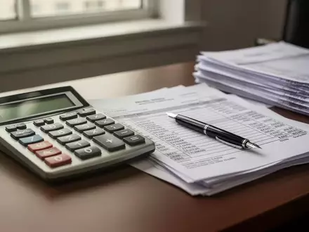 Ein Schreibtisch mit Taschenrechner und Unterlagen zur Lohnbuchhaltung bei natürlichem Tageslicht. - Foto: über boerse-global.de