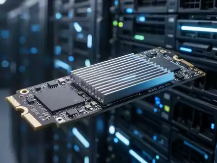 Eine M.2-SSD liegt auf einem unscharfen Server-Rack in einem Rechenzentrum. - Foto: über boerse-global.de