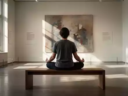 Eine Person sitzt meditierend auf einer Bank in einem hellen, minimalistischen Museumsraum vor einem Kunstwerk. - Foto: über boerse-global.de