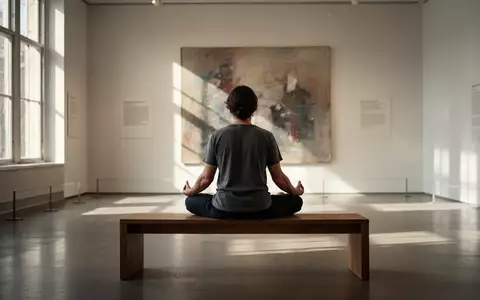 Eine Person sitzt meditierend auf einer Bank in einem hellen, minimalistischen Museumsraum vor einem Kunstwerk. - Foto: über boerse-global.de