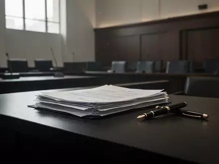 Ein Schreibtisch in einem Gerichtssaal mit einem Stapel juristischer Dokumente und einem Füllfederhalter. - Foto: über boerse-global.de