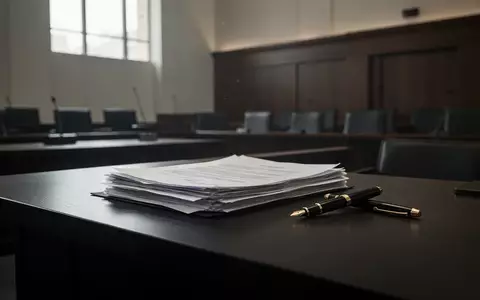 Ein Schreibtisch in einem Gerichtssaal mit einem Stapel juristischer Dokumente und einem Füllfederhalter. - Foto: über boerse-global.de