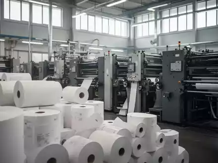 Innenansicht einer modernen Druckerei mit Papierrollen und großformatigen Druckmaschinen in einer Industriehalle. - Foto: über boerse-global.de