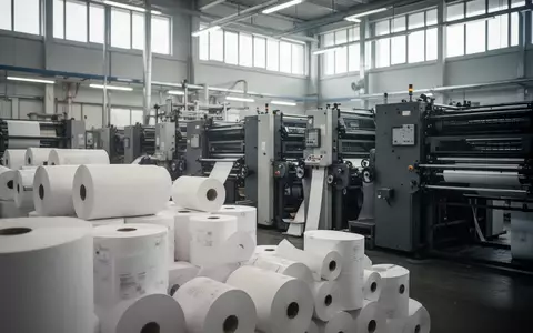 Innenansicht einer modernen Druckerei mit Papierrollen und großformatigen Druckmaschinen in einer Industriehalle. - Foto: über boerse-global.de