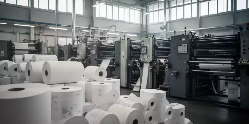 Innenansicht einer modernen Druckerei mit Papierrollen und großformatigen Druckmaschinen in einer Industriehalle. - Foto: über boerse-global.de