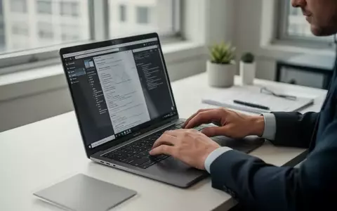Eine Person arbeitet an einem modernen Laptop an einem aufgeräumten Schreibtisch in einem professionellen Büro. - Foto: über boerse-global.de