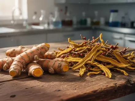 Frische Kurkumawurzeln und Berberin-Rindenstücke auf einem Holztisch bei natürlichem Licht. - Foto: über boerse-global.de