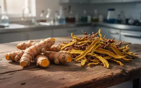 Frische Kurkumawurzeln und Berberin-Rindenstücke auf einem Holztisch bei natürlichem Licht. - Foto: über boerse-global.de