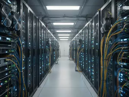 Reihen von hochmodernen Server-Racks in einem Rechenzentrum mit blauer Beleuchtung. - Foto: über boerse-global.de