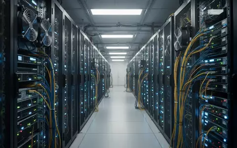 Reihen von hochmodernen Server-Racks in einem Rechenzentrum mit blauer Beleuchtung. - Foto: über boerse-global.de