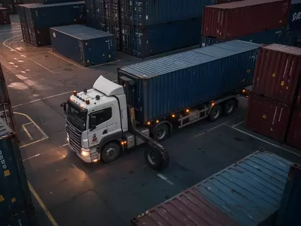 Ein schwerer Logistik-LKW steht bei Dämmerung in einem industriellen Frachthof zwischen großen Schiffscontainern. - Foto: über boerse-global.de