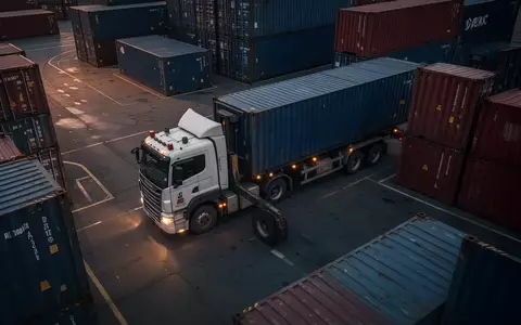 Ein schwerer Logistik-LKW steht bei Dämmerung in einem industriellen Frachthof zwischen großen Schiffscontainern. - Foto: über boerse-global.de